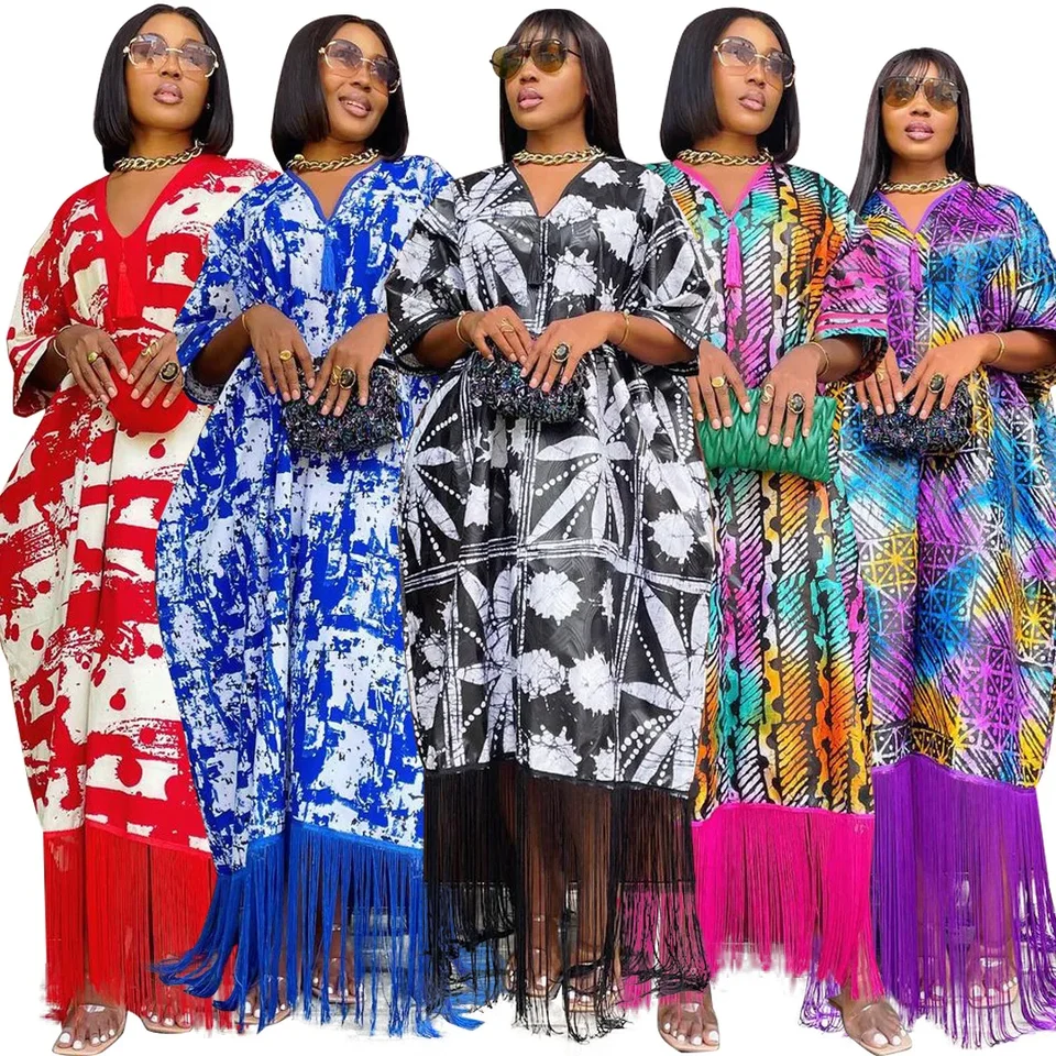 2024 Africké šaty pre ženy Tassels African Fashion Boubou Dashiki Ankara Outfits Evening Gown Abayas Tlač Kaftan Robe