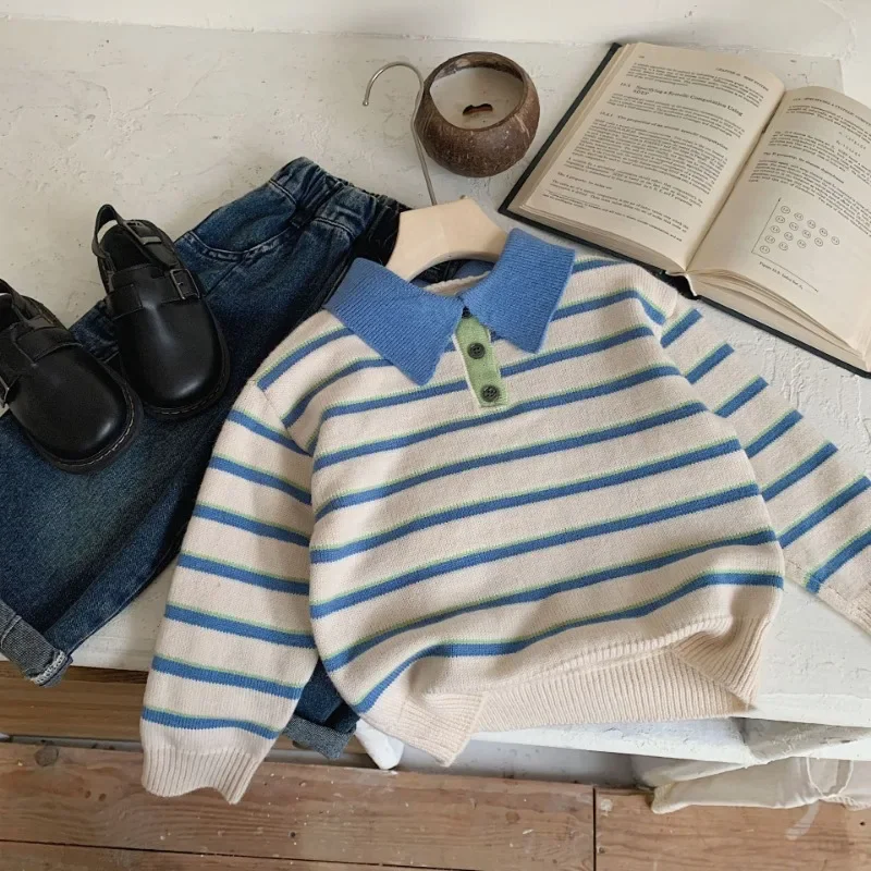 2024 Autumn New Boys 'Swear Sweater Kórejský štýl Kids Contrast Farba Otočenie goliera pletená pullover chlapčeka pletene pletene vrcholy