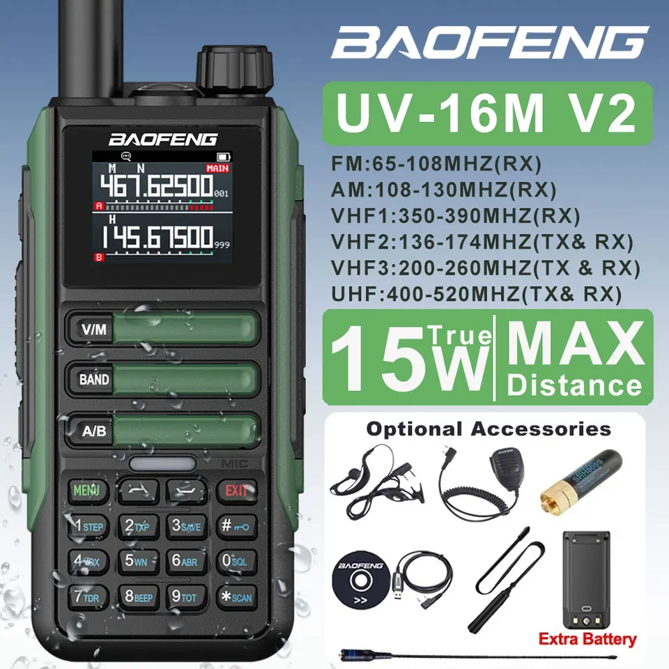 2024 BAOFENG UV16M V2 Walkie Talkie 15W Vysoko kapacita AM FM 2-cestné rádio Full Band LCD 999ch Frekvenčná kópia NOAA hluk NOUM