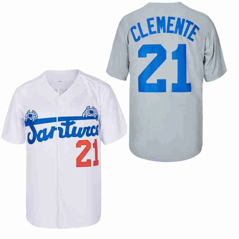 2024 baseballové dresy Santurce 21 Clemente Šitové výšivky vonkajšie športové oblečenie Hip hop kultúra Biela šedá veľká veľkosť