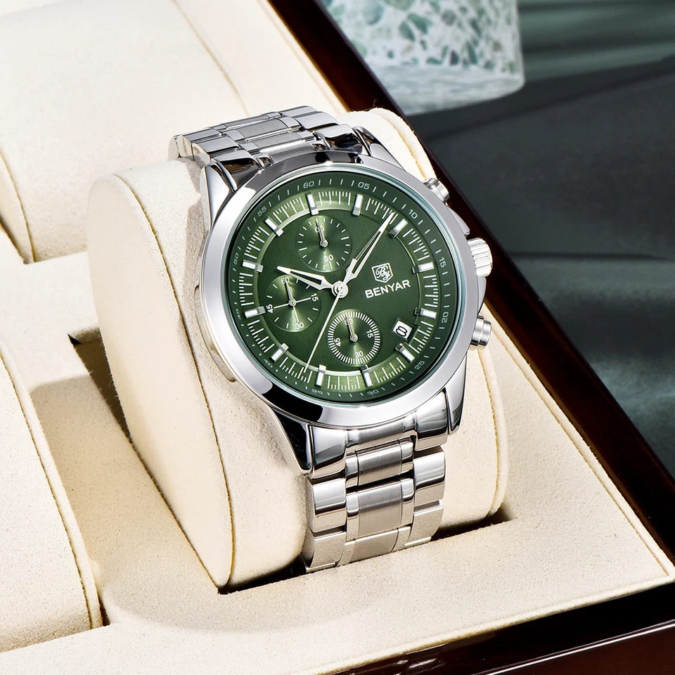 2024 Binya Design Nové 42 mm vytáčanie Pánske Quartz Watch Multi Funkčné hodinky 50 Vodotesný multifunkčný chronograf