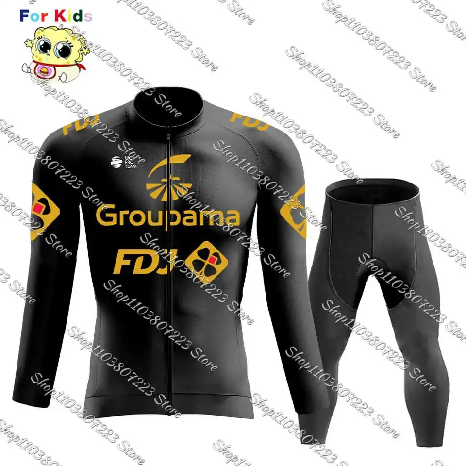 2024 Black FDJ Kid Cycling Jersey Dieťa s dlhým rukávom Complow Road Road Clothing oblečenie obleky na bicykli tričko