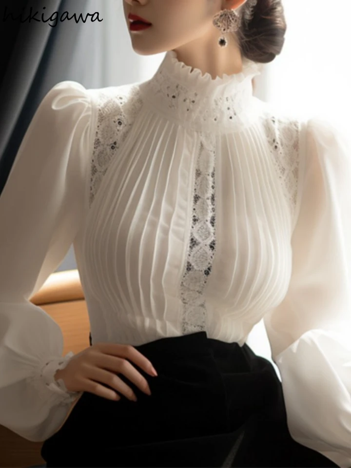 2024 Blusas Mujer de Moda Biela blúzka Ženy Dámske odevy TEPELAME TOPS Stojan na krk PUFF REAKVE TIRKY