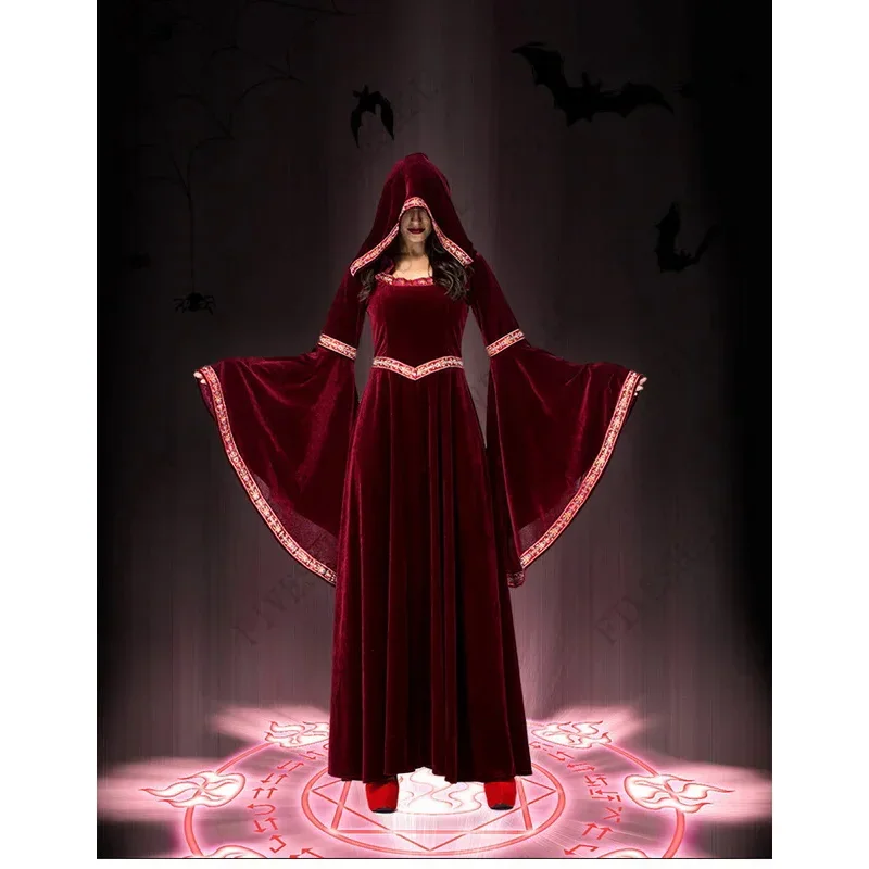 2024 Deluxe Women Stredoveké cosplay upíre Halloween kostýmy dospelých goticko kapucňa čarodejnice dlhé párty šaty Mn10