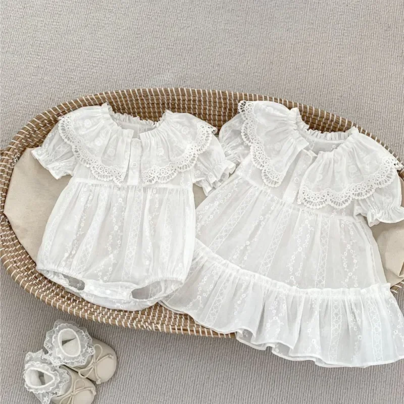 2024 Dievčatá biele bavlnené výšivky šaty/Rompers Sestry Wear Módne čipky narodeniny princezná Body Clothes Kids Vestidos