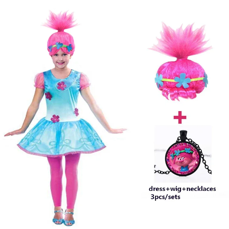 2024 Dievčatá šaty Trolls Poppy Cosplay kostýmy pre dievčatá pre dievčatá Streetwear Halloween Clothes Detský náhrdelník Parochňa Fancy Girl Šaty