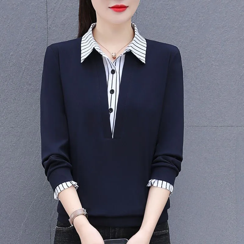 2024 Dámska nová jarná jeseň Kórejská verzia Polo-Neck Button zostrihaný módny voľný voľný rukáv Fake Dve košele Tops