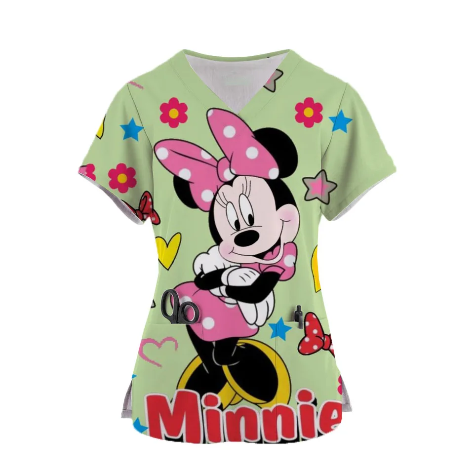 2024 Dámska zdravotná sestra Uniform Cartoon Mickey Mouse Print Pocket V-Neck Ošetrovateľstvo Tops Tops Pracovné tričko Tshits Uniformy