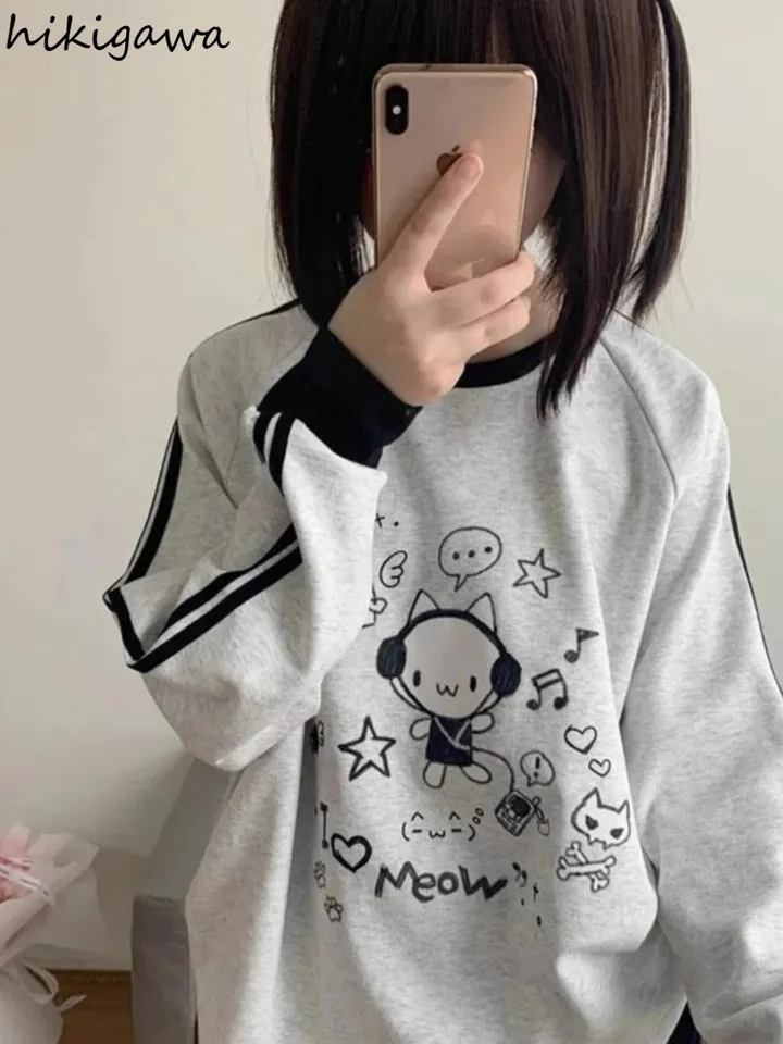2024 Dámske oblečenie Japonské mikiny Preppy štýl O-Neck Príležitostné mikiny anime tlač roztomilé mikiny móda y2k topy ropa majer