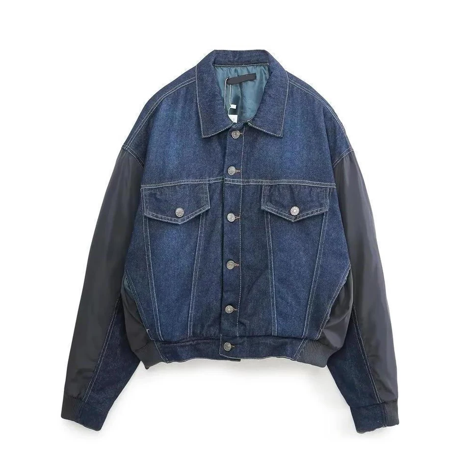 2024 Dámsky vintage patchwork džínsové džínsové bunda klopa s dlhým rukávom Single Breather Bomber Outerwear Fall Fall Nový ženský elegantný kabát