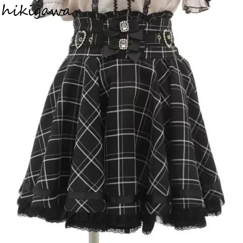 2024 Faldas Mujer de Moda Japonské ženy sukne Patchwork Lace Bow Jupe Plaid Summer Saia High Waist A-Line Fashion Y2K Sukňa
