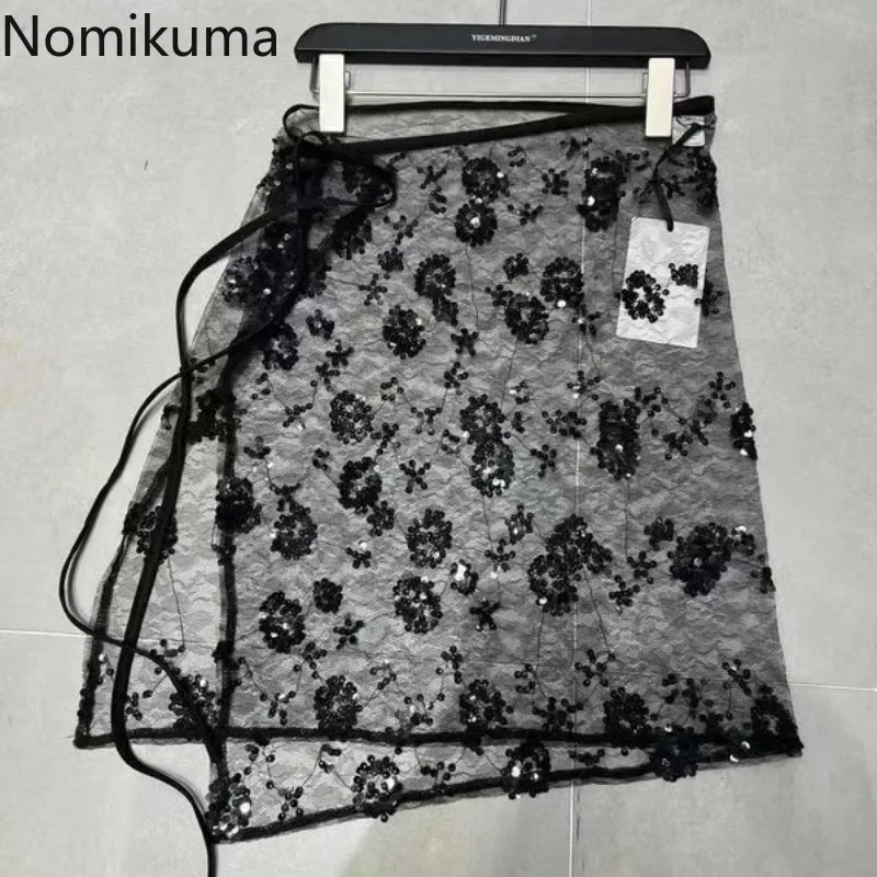 2024 Faldas Mujer de Moda sukne pre ženy Kórejské módy Jupe Bandage Pozrite sa cez flitrovnú mini sukňu sexy letné leto Saia 49b697