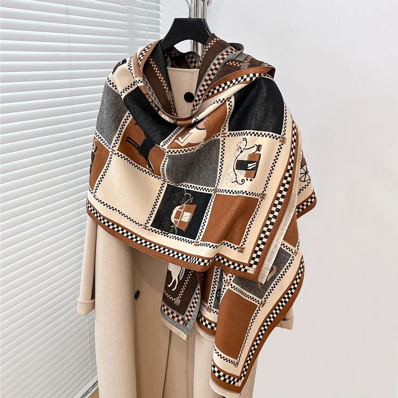2024 Faux Cashmere Plaid Horse Jacquard Scat Women Women Cashmere Shawl Headband Echarpe Scarf Luxury Brand