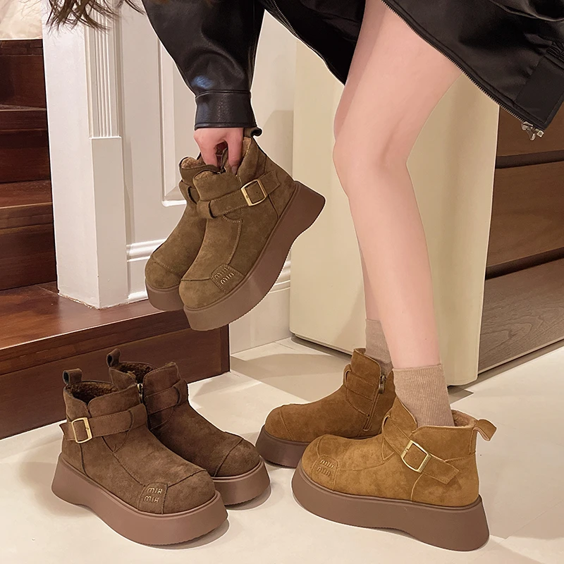 2024 Fur Dámska platforma členok topánky Suede Flats Trend Trend Winter Designer Walk Warb Warm Casual Dámske snehové topánky