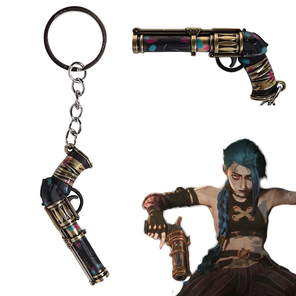 2024 Game LOL TV 2 TV 2 Kľúčové šperky zbrane Mini Arcane Jinx Gun Model kovový prívesok Key Key Chain Držitelia Kľúčov