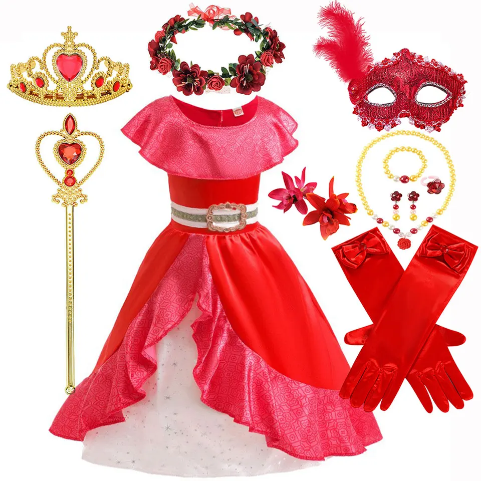 2024 Halloween kostým pre dievčatá detské šaty princezná Disney Elena z Avalor Red Rufle Sukne Belt Dress Cosplay Party Darčekové šaty