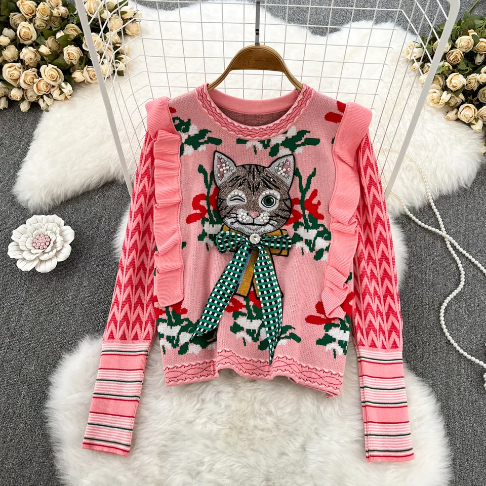 2024 Harajuku Diamonds Korálkové mačacie výšivky sveter Dámske voláre kvetina Jacquard Cartoon Pullover Plods plodiny