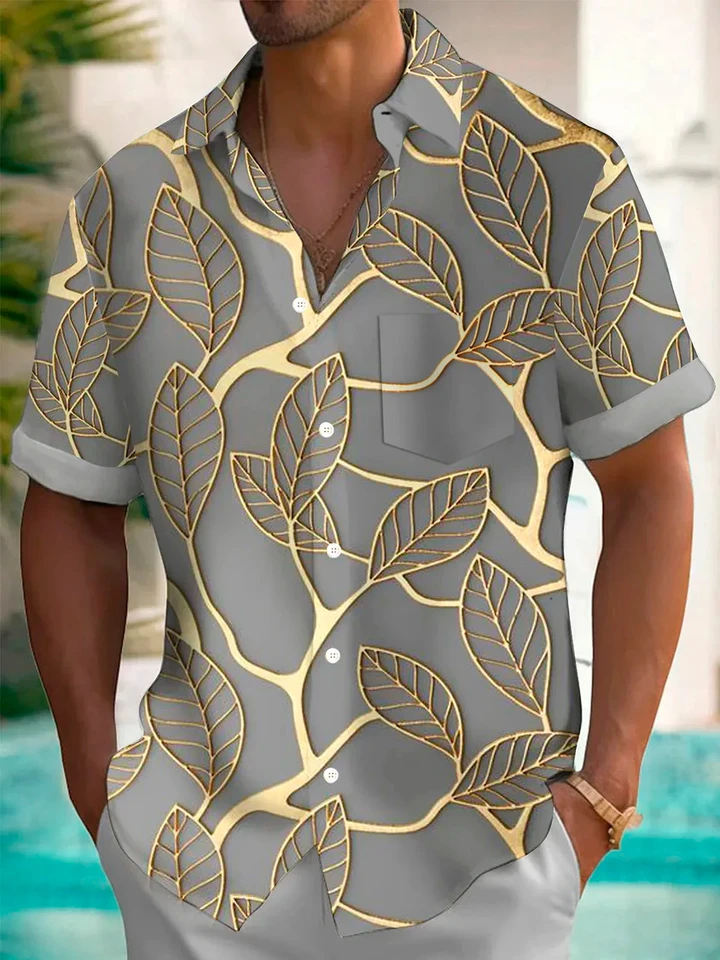 2024 Havajský botanický zlatý listový tlač Pánske tričko Summer Turndown s krátkym rukávom Fashion Street