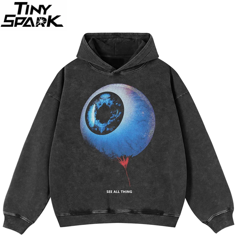 2024 Hip Hop Nadmerná mikina mikiny muži Streetwear Funny Big Eyeball Grafic Graphed Black Hooded Pullover Heavy Cotton