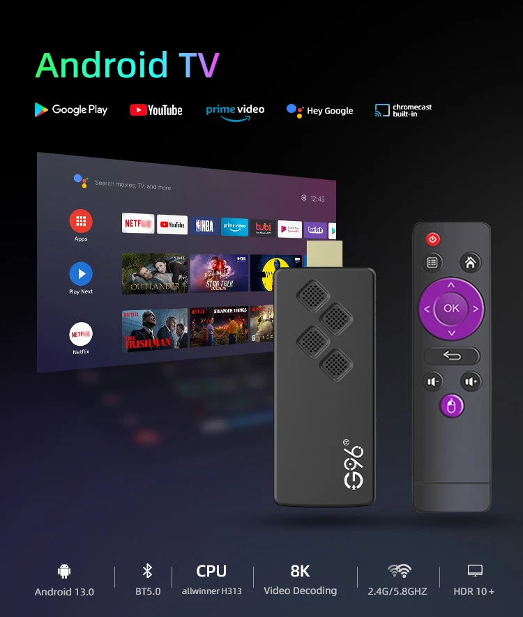 2024 HOT G96 ATV 8K Android13.0 TV Stick Infračervené diaľkové ovládanie 2GB8GB 2,4G a 5G DUAL WIFI BT5 Netflix YouTube Player
