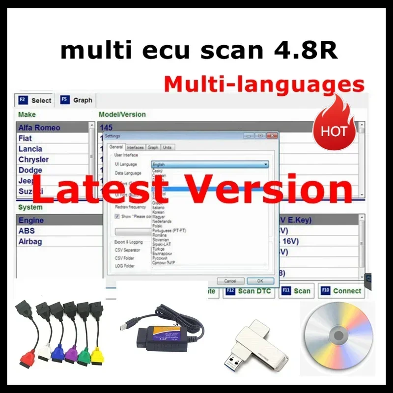 2024 Hot Sale Multiecuscan V4.8 pre Fiat/Chrysler/Dodge/Jeep/Suzuki Scanner Softvér 4.8+ELM327+Plochý adaptér registrovaný neobmedzený