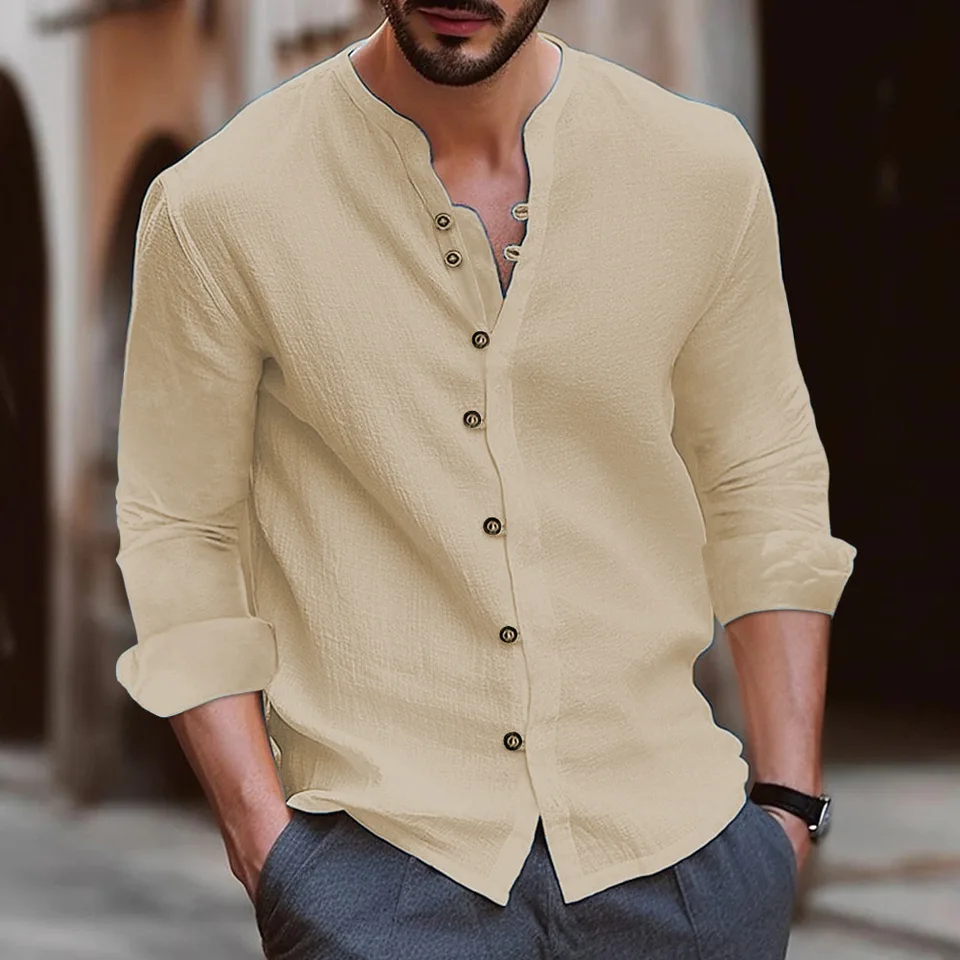 2024 Jar a jeseň nového štýlu pánske retro klope Cotton Hemp Casy Classic Classic Vysoko kvalitná voľná voľná pohodlná košeľa s dlhým rukávom