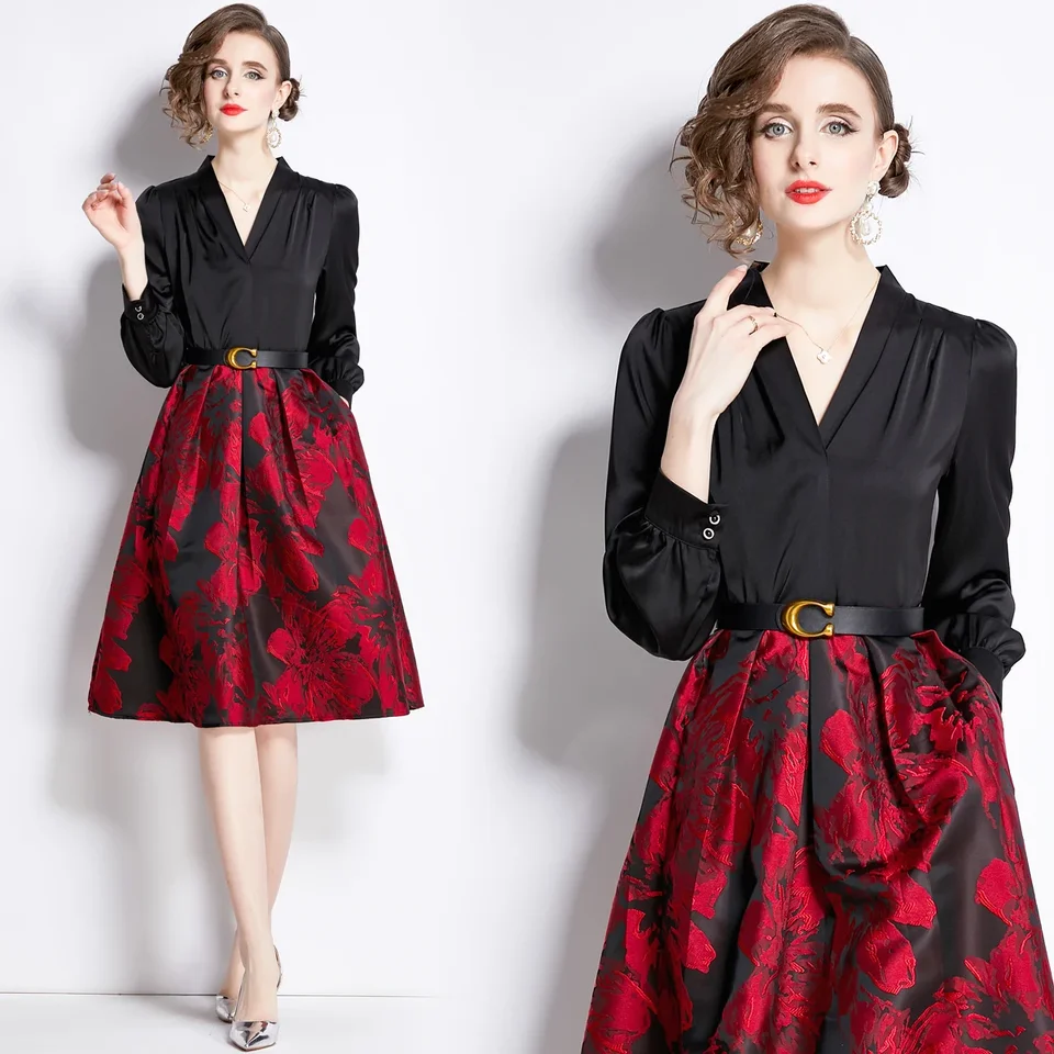 2024 Jar/leto Elegantné obchodné tlač s dlhým rukávom v pásme V-pase Slim-Fit Lace-Up Jacquard A-Line Dress s opaskom
