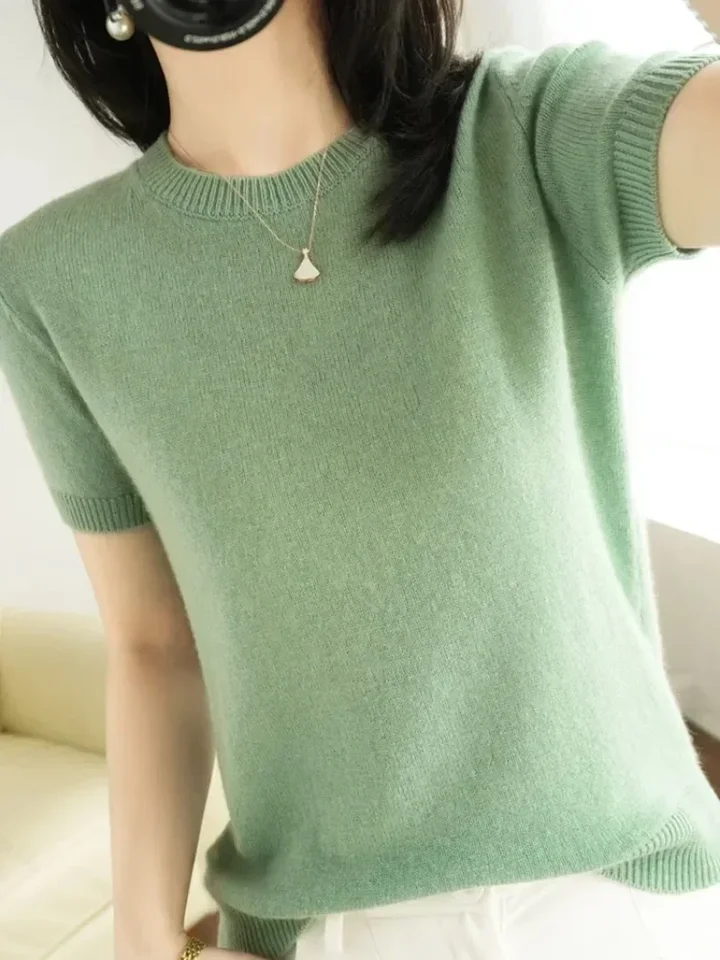 2024 Jarné letné dámske sveter Krátky rukáv O-NECK Slim Fit Pleted Pulloves Bottoming Príležitostné neformálne pletené oblečenie ružové oblečenie