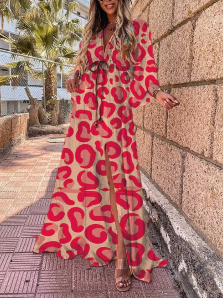 2024 Jarné leto Vytlačené dlhé šaty pre ženy módne V-krk Bohemian plážové štrbiny šaty Príležitostné dovolenky Ladies maxi Vestidos