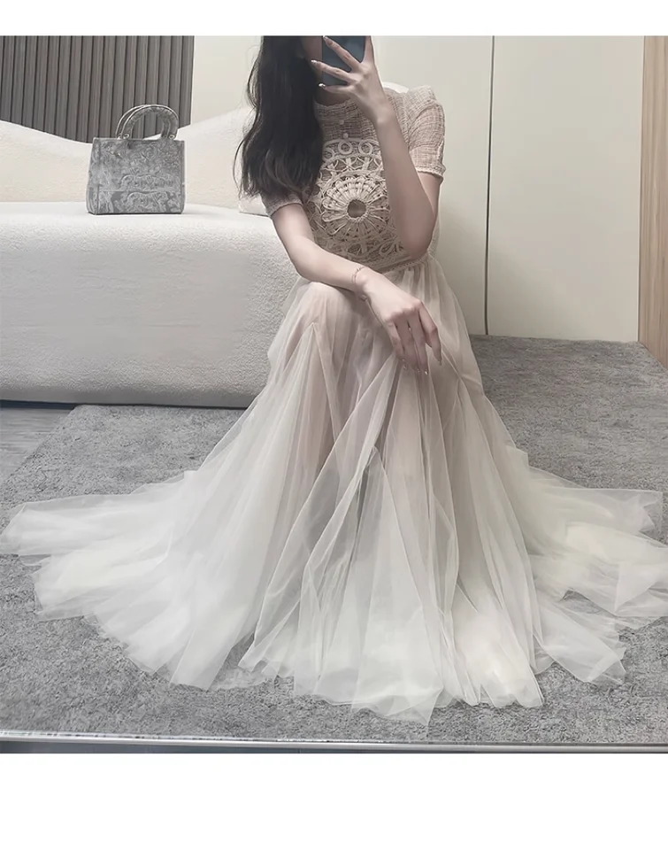 2024 Jesenná dráha béžové šaty pre ženy módne sieťové priehľadné výšivky trúbky Formálne nevesty Mermaid Dress Party