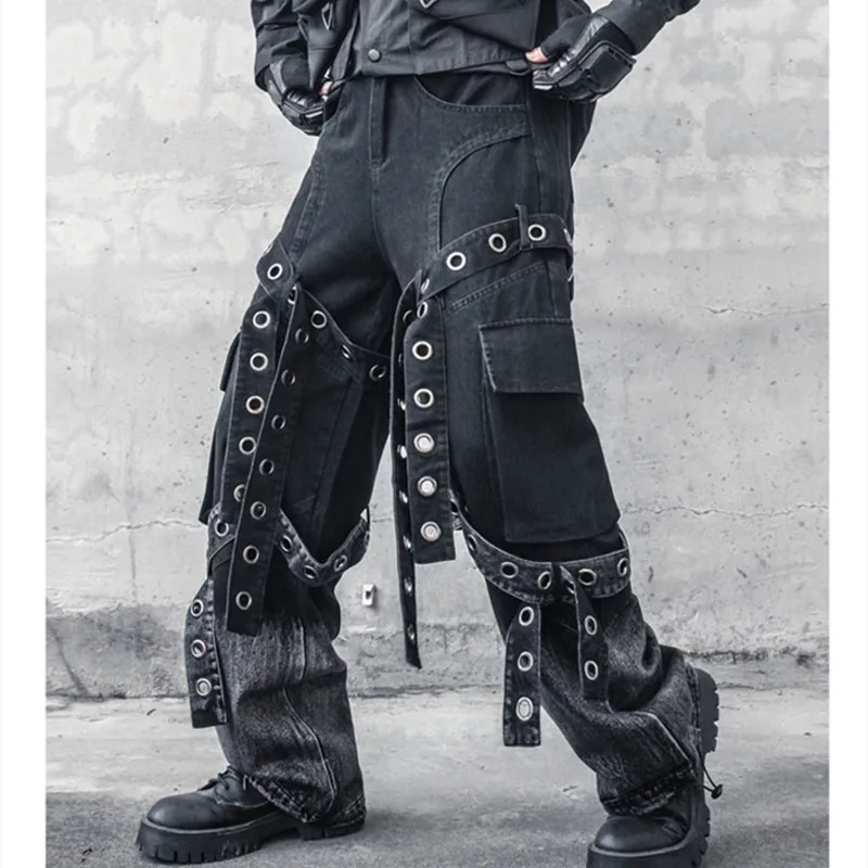 2024 Jesenné odnímateľné očné viečky stužky Techwear široké nohy džíns Pánske multi vrecká Hip Hop Punk Cargo Denim Pants