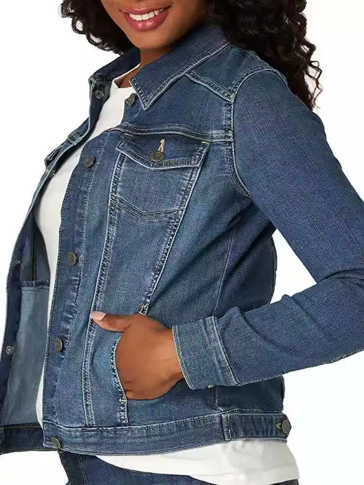 2024 Jesenné ženy Denimový kabát premytý dlhý rukáv Slim Fit Short Bunda Otočte