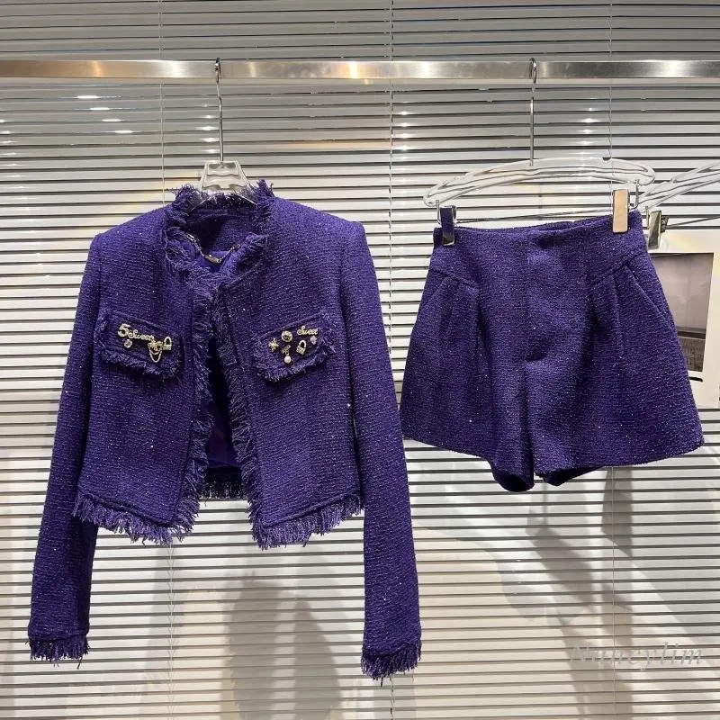 2024 Jeseň ECIL TWEED SETS Ženy Dva kusy Oblek Nový krátky špendlík Burr Coat + Bright Silk Shorts Office Lady Outfits
