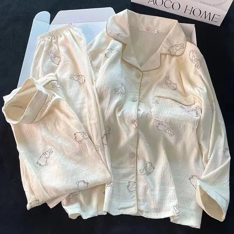 2024 Jeseň Nové nové faux bavlnené ženy pyžama kawaii gombíky Cardigan Outfits 2 -Piece Set módne králiky sladké pyžamy pre ženy