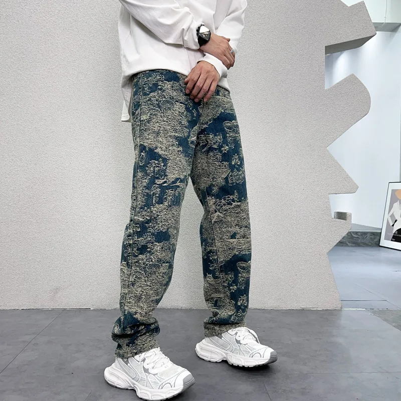 2024 Jeseň retro personalizovaný dizajn Vyšívané džínsy Pánske módne ulica Hip Hop Hop Loose Straight Wide Nohu Príležitostné nohavice Y2K