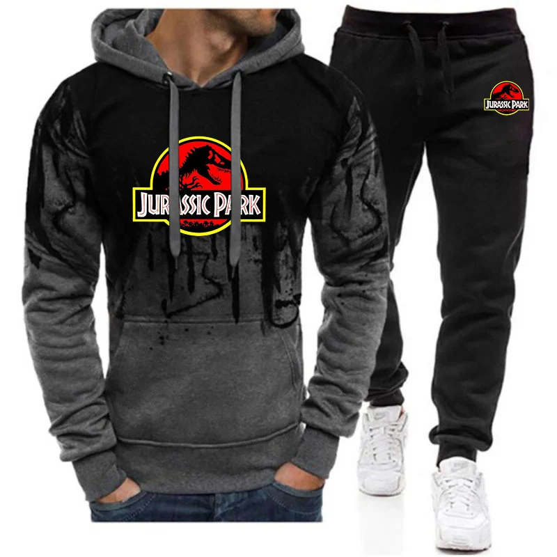 2024 Jurassic Park Pánske nové jarné a jesenné príležitostné pohodlné pulóverové mikiny +Farba nohavičiek s dvoma kusmi oblek