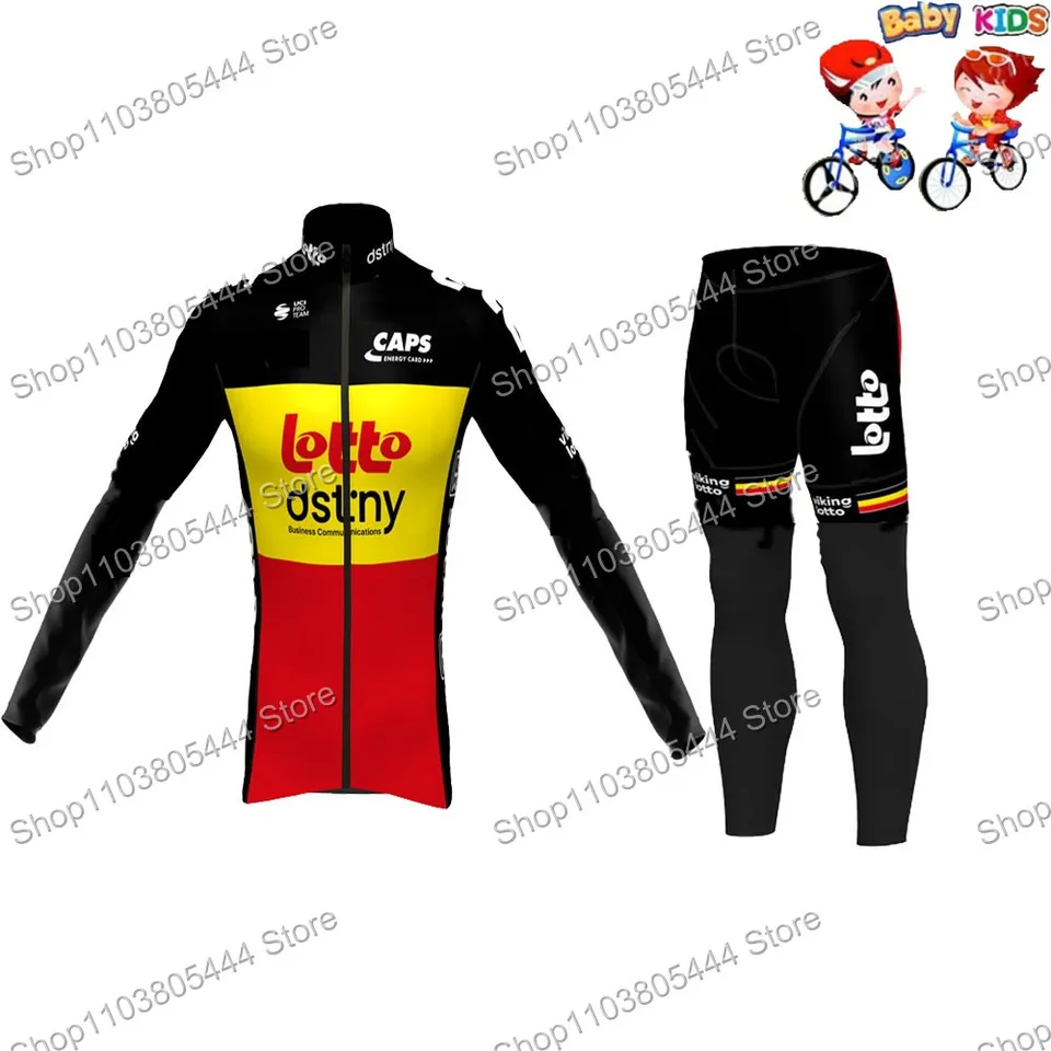 2024 KIDS LOTTO DSTNY Belgian Champion Cycling Jersey Sada s dlhým rukávom Chlapci chlapcov na bicykli nohavičky Detské košele MTB