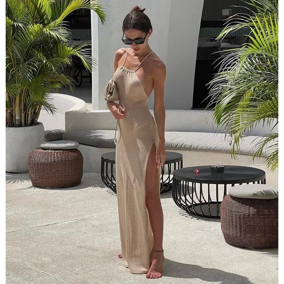 2024 Kintted Cover Up Pláž Sexy Pozrite sa cez Maxi Slit Bodycon letné šaty Bikinis zakrývanie elegantné Halter Beachdress