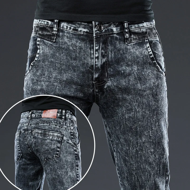 2024 Klasika Kórejská módna ulica Trendy Men Skinny Retro Snowflake Design Slim Fit Denim Pants Nové elastické bavlnené muži džínsy