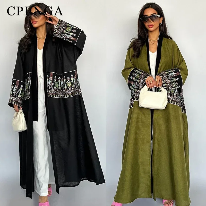2024 Kvetinové vyšívanie rukávu Dubaj Kimono Abaya šaty luxusné ramadán Saudská Arábia Ženy Modest Cardigan Islam Turecko Plain Roup