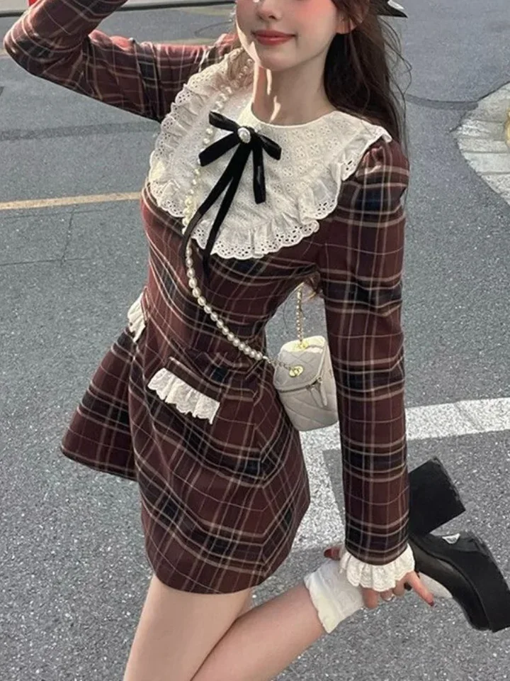 2024 Kórejský prípravný štýl Mini kockované šaty Ženy Vintage One Piece Šaty y2k jk uniforma s dlhým rukávom tunika princezná Vestidos