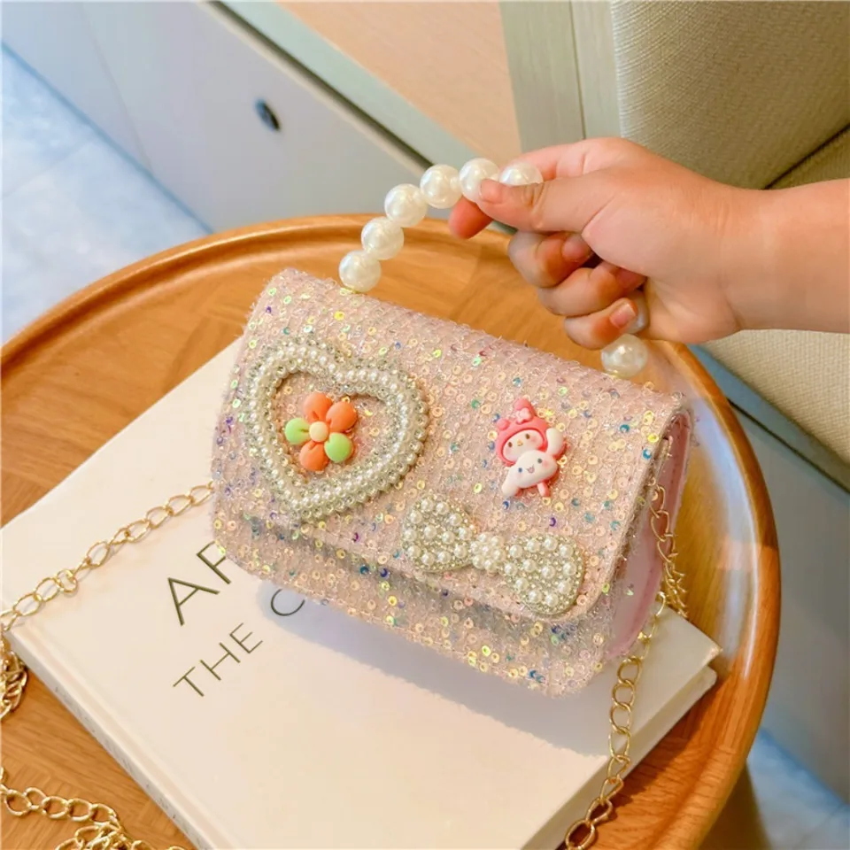 2024 Kórejský štýl Pearl Kid's CANAKAGE LACE Bow Princess Messenger Messenger BAG FURNIN NULA WALLET BAGE BACK