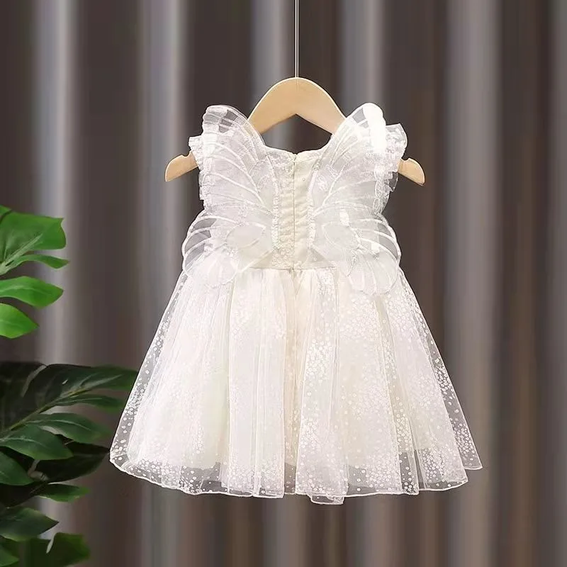 2024 letná princezná deti Dievčatá Dievčatá šaty rukávy Polka Dot Dot Lace Tutu Šaty s motýľovými krídlami