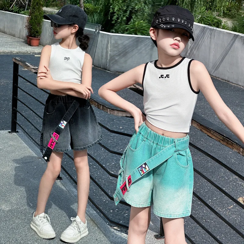 2024 letné deti súpravy dievčenské oblečenie dopamínové módne teenager camisole tričko alebo ružové džínsy nohavíc 4 8 9 10 11 12 rokov