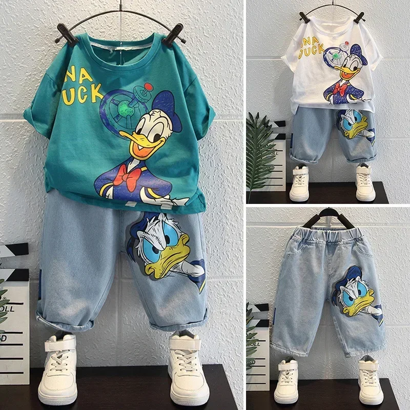 2024 letné detské oblečenie móda Donald Duck Tričko+džínsy súpravy Detské bavlnené krátke rukávy džínsové kraťasy Tracksuits oblečenie