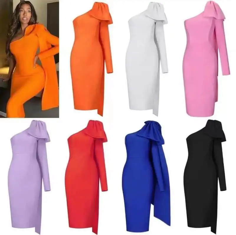 2024 letné dámske nové viac farby sexy sexy rukáv s jedným ramenným rukávom červené šaty Bodycon obväz elegantné a elegantné šaty na párty