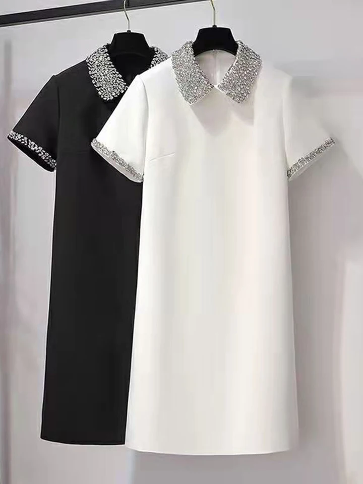 2024 letné elegantné šumivé diamantové korálkové šaty s krátkym rukávom košele šaty módne kancelárske dámske šaty Mini šaty Ženy