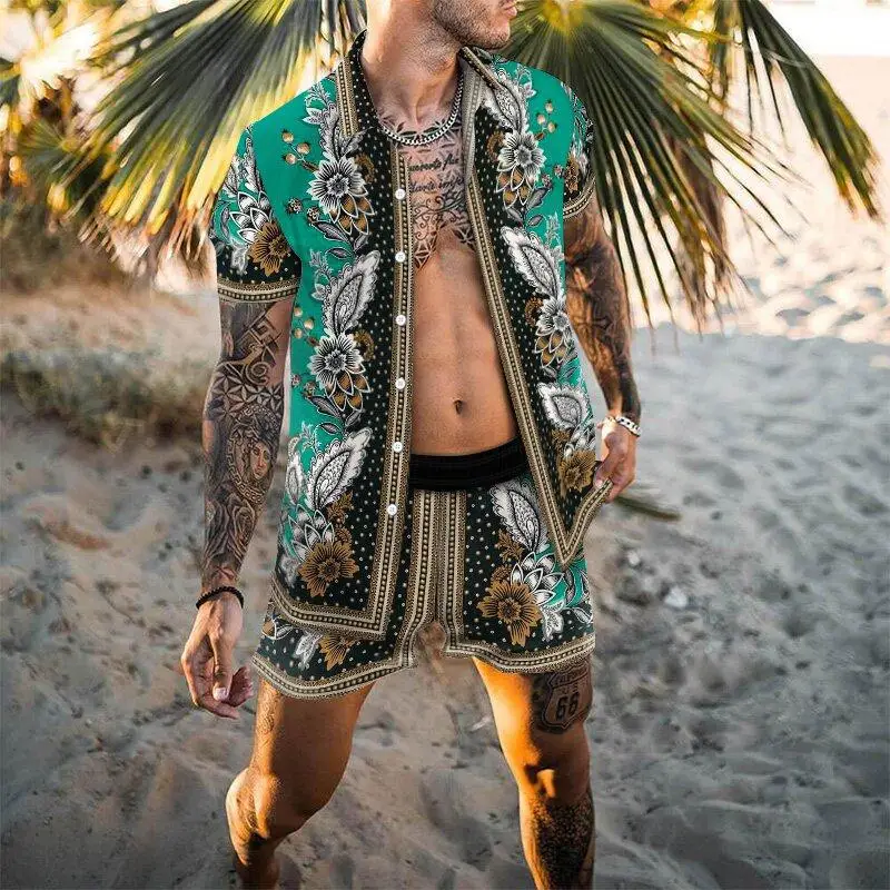 2024 Letné európske a americké pánske košele Príležitostné voľné krátky rukáv Krátka pláž pláž Hot Tracksuit Men Beach