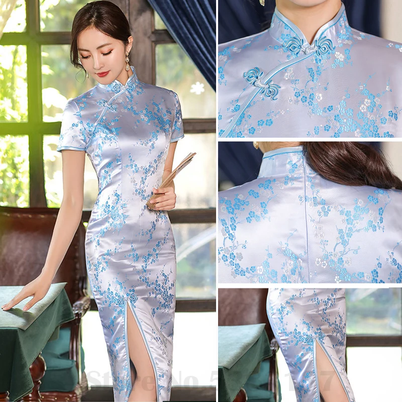 2024 letné krátke rukávy Cheongsam Žena sexy štíhle 3xl 4xl qipao Tradičné čínske večerné večierky saténové saténové saténové Vestidos
