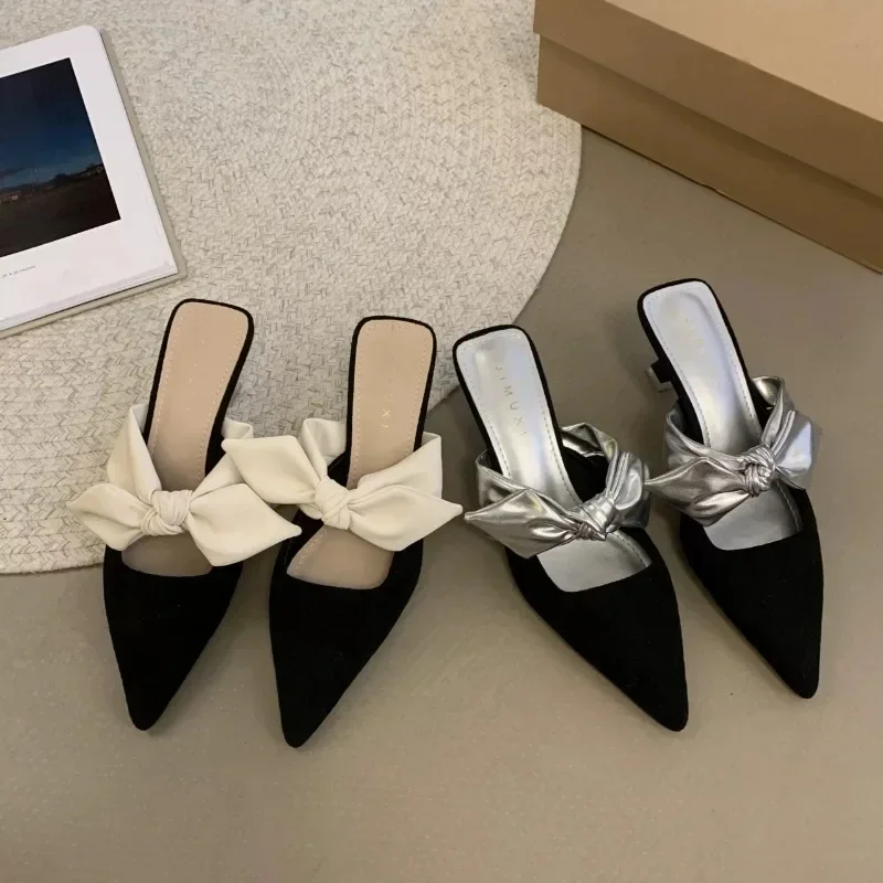 2024 letné ženy nasmerovali na špičky vysokých podpätkov sandále Bowknot Fashion Flower Woman Shoes Slingback
